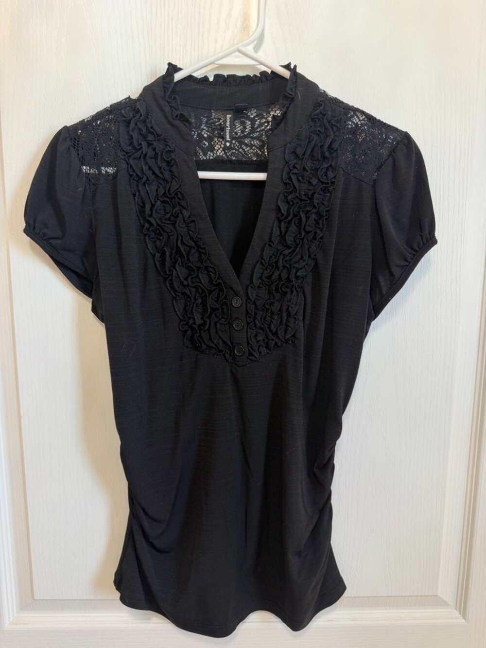 Black Ruffle Lace V-Neck Short Sleeve Blouse
